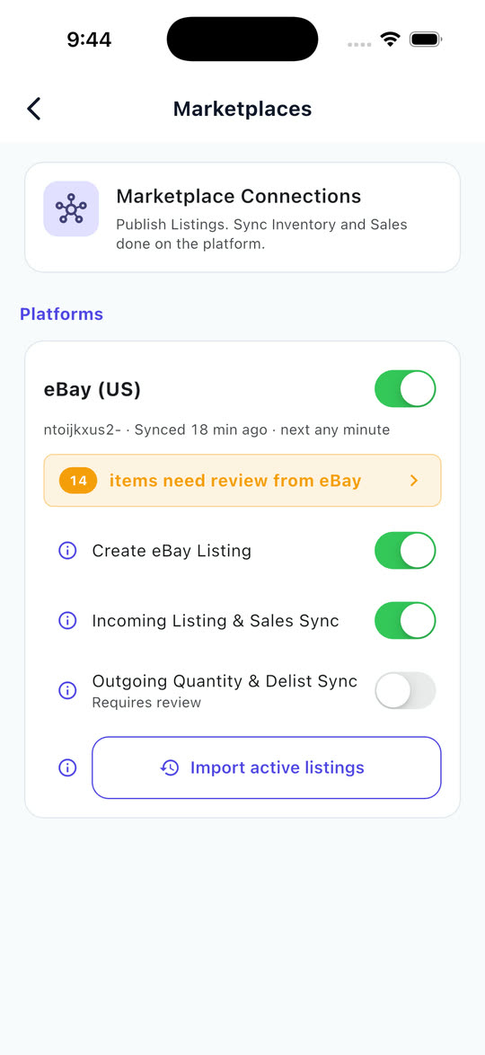 The eBay card on the Marketplaces screen